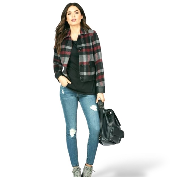 JUST FAB Plaid Cropped Jacket Faux Leather Trim Front Button Closure US Sz 3X - Picture 1 of 11